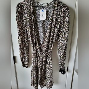 Elodie Womens Black Floral Wrap Dress Long Sleeve Size L